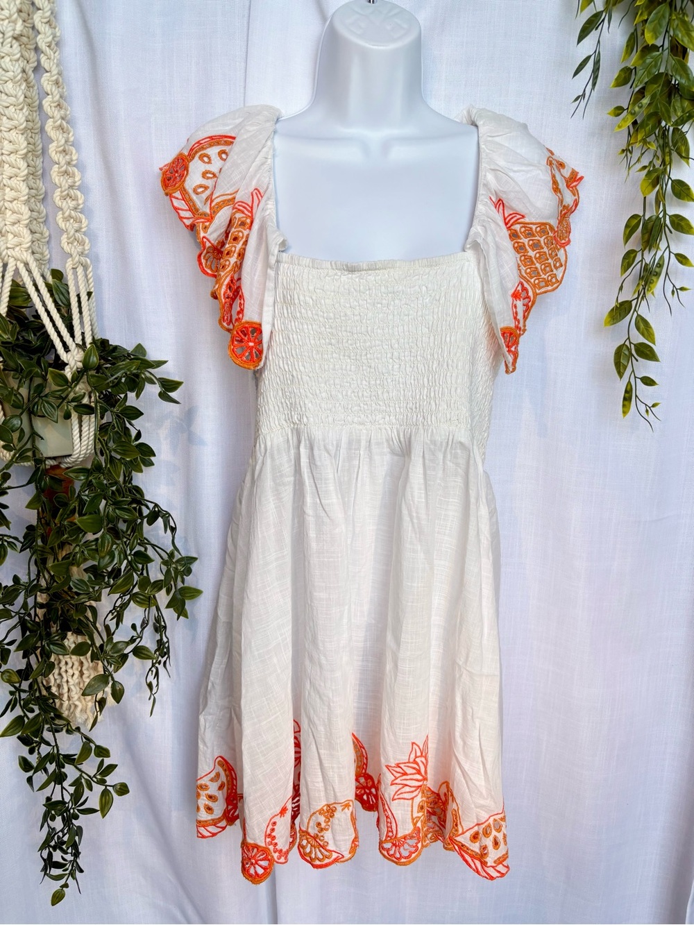 Anthropologie Embroidered Flutter-Sleeve Square-Neck Mini Dress - Size M/L